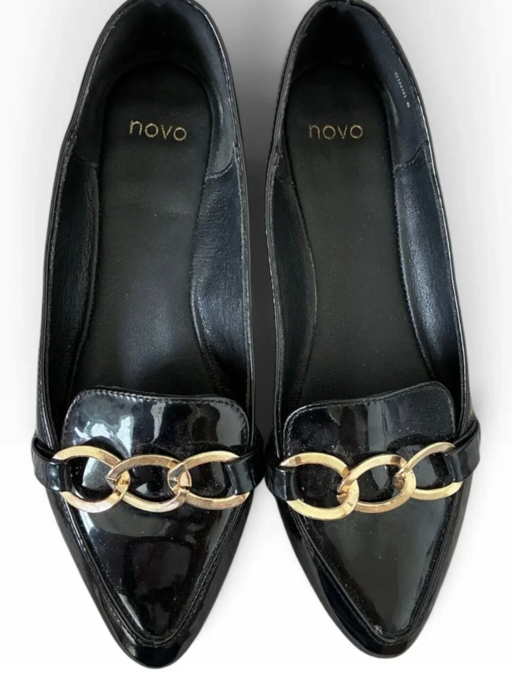 Novo Black Patent Pointed-Toe Chain Loafers